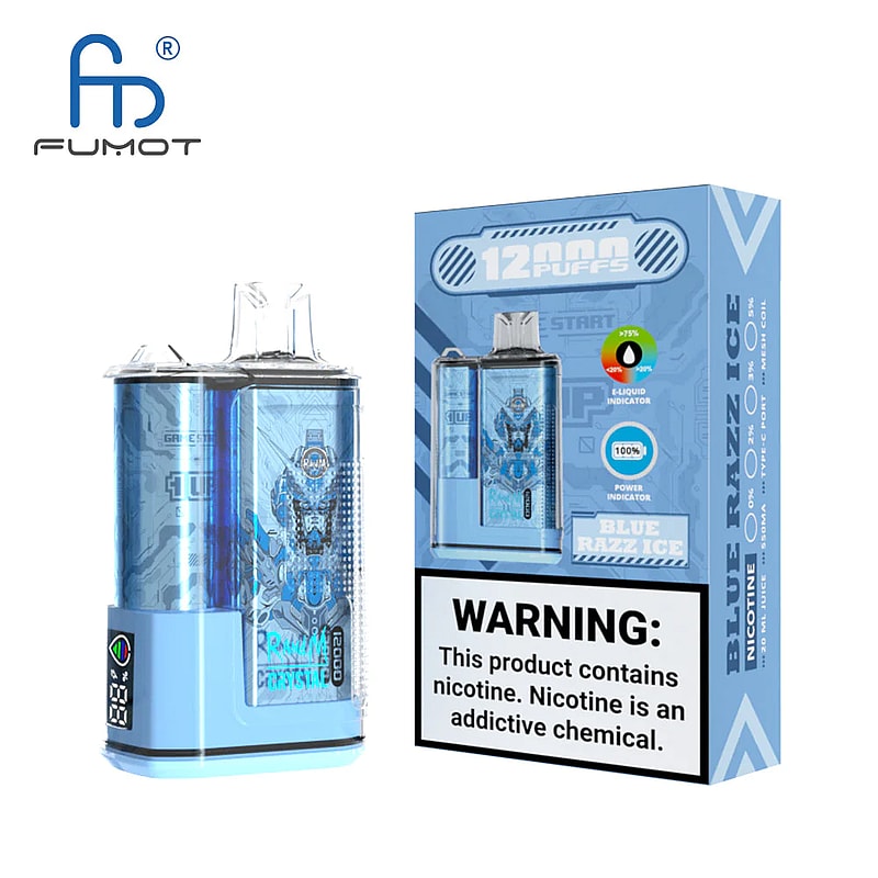 E-cigarette device and packaging labeled "Fumot" in blue color with "Blue Razz Ice" flavor, showing 12,000 puffs, with a warning that the product contains nicotine, an addictive chemical.