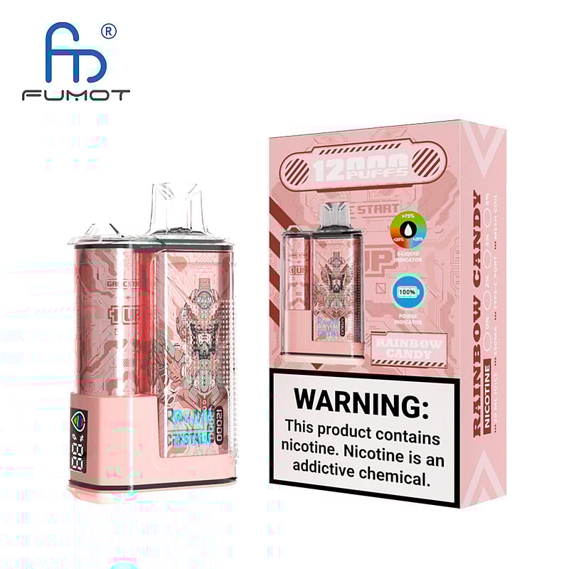 Pink vaping device with a robot-themed design and a packaging box labeled "Rainbow Candy" and "12,000 puffs." A warning label at the bottom states, "This product contains nicotine. Nicotine is an addictive chemical."