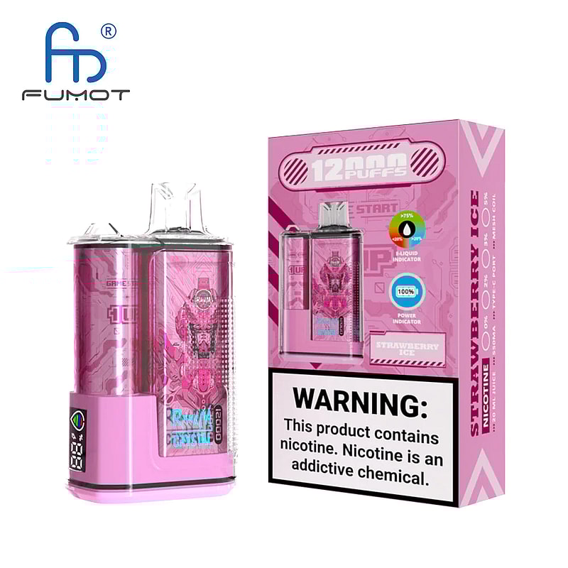 Pink disposable vape device with the FUMOT logo, labeled "12000 PUFFS" and "Strawberry Ice" flavor, alongside its packaging that includes a nicotine warning.