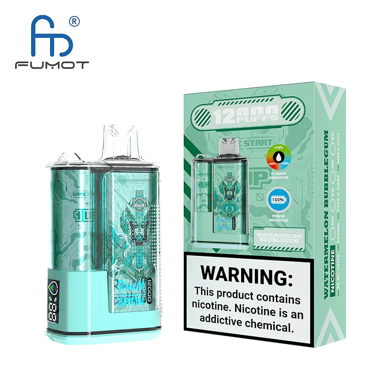 Watermelon Bubblegum flavored disposable vape device with 12,000 puffs, featuring a turquoise design and a visible nicotine warning label on the packaging.