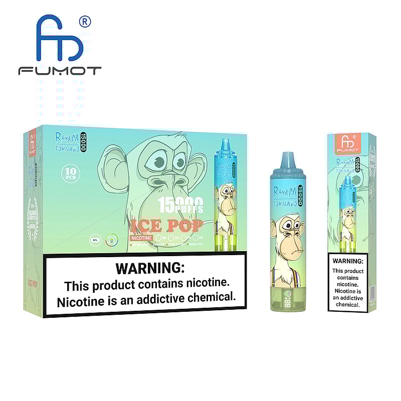 Förpackning för FUMOT Tornado 15000 puffs engångsvapen med smak av "Ice Pop", med en tecknad apa, med en varningsetikett som anger nikotininnehåll och dess beroendeframkallande egenskaper.
