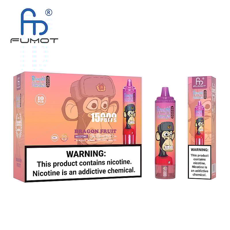 En ask och en vapepenna med varumärkeslogotypen "FUMOT", som visar en tecknad apa och är märkt "Dragon Fruit" med en nikotinvarning.