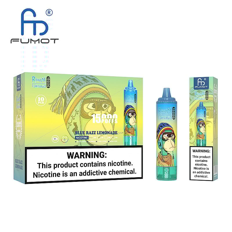 Fumot vape-förpackning som visar en 15000-puffars engångs vape-enhet med "Blue Razz Lemonade"-smak, med en tecknad apa och nikotinvarningsetikett.