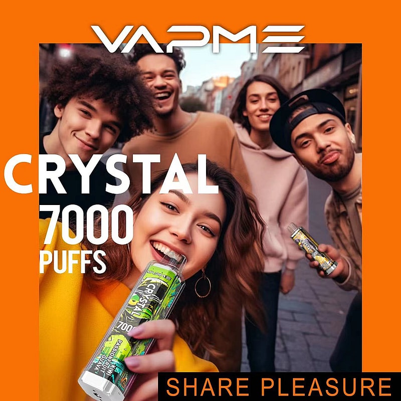 Group of young adults smiling and holding vape devices labeled "Crystal 7000 Puffs" with the text "VAPME" and "Share Pleasure" in the background.