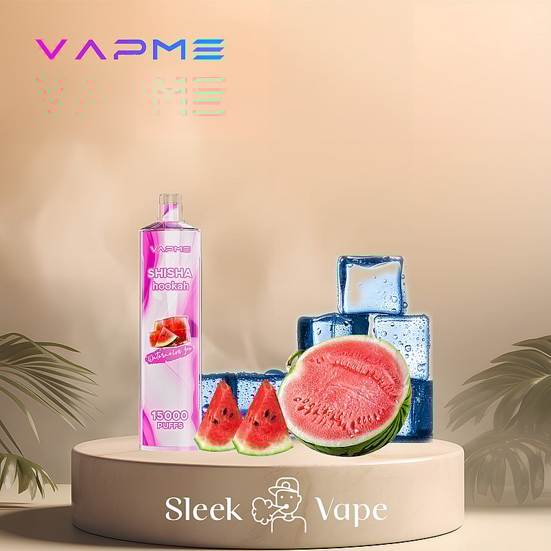 A sleek vape device labeled "VAPME SHISHA hookah Watermelon Ice, 15,000 Puffs" displayed on a pedestal with watermelon slices and ice cubes in the background.