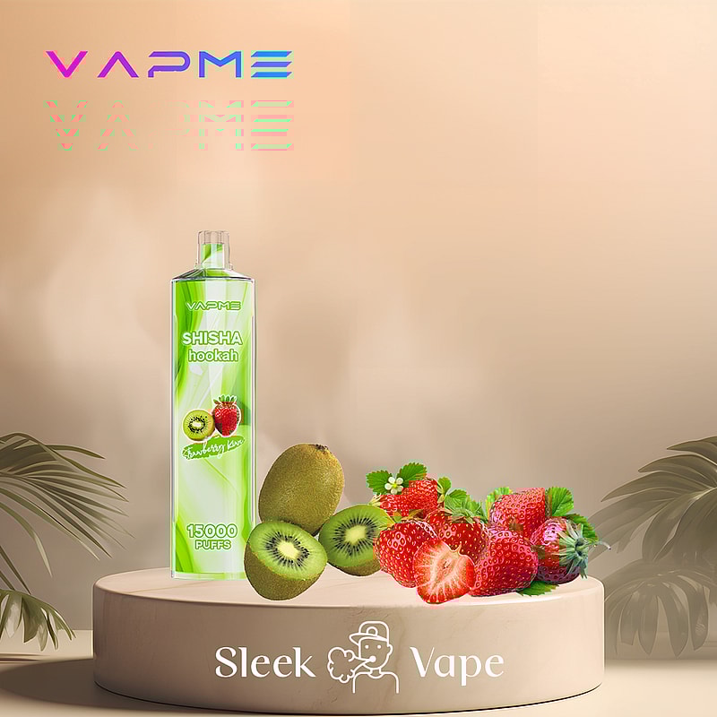A green vape pen labeled "Vapme Shisha Hookah" with a strawberry-kiwi flavor, surrounded by fresh strawberries and kiwi slices, displayed on a beige platform with tropical leaves in the background.