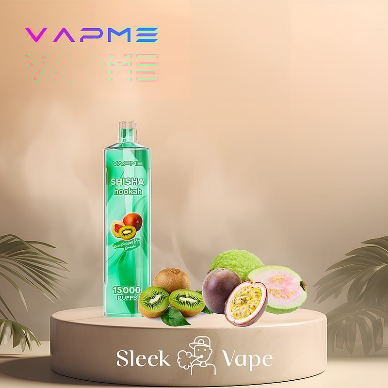 VAPME vape device with "SHISHA hookah" flavor, featuring kiwi, guava, and passion fruit, labeled "15,000 PUFFS," displayed on a pedestal with tropical leaves in the background.
