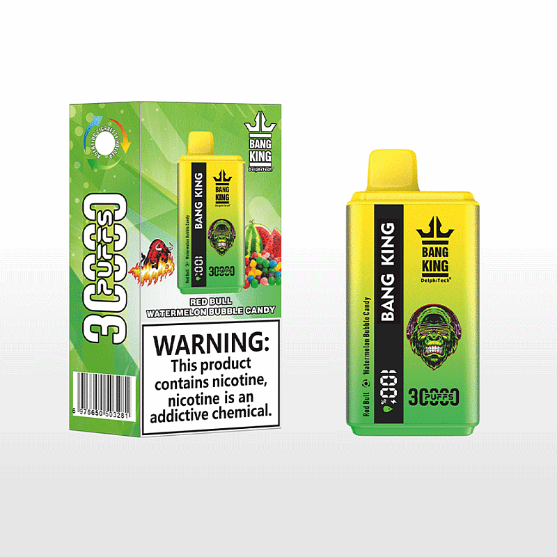 Verpackung und Gerät für ein Einweg-Vape-Produkt von Bang King mit Red Bull-Wassermelonen-Bubble-Bonbon-Geschmack und einer Warnung vor Nikotinsucht.