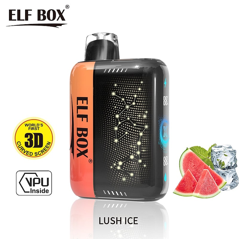 Elf Box vape device with a 3D curved screen, labeled "Lush Ice," featuring watermelon and ice cube icons.