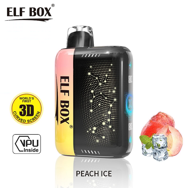 Elf Box vape device with a 3D curved screen design, labeled "PEACH ICE," featuring images of peach slices and ice cubes.