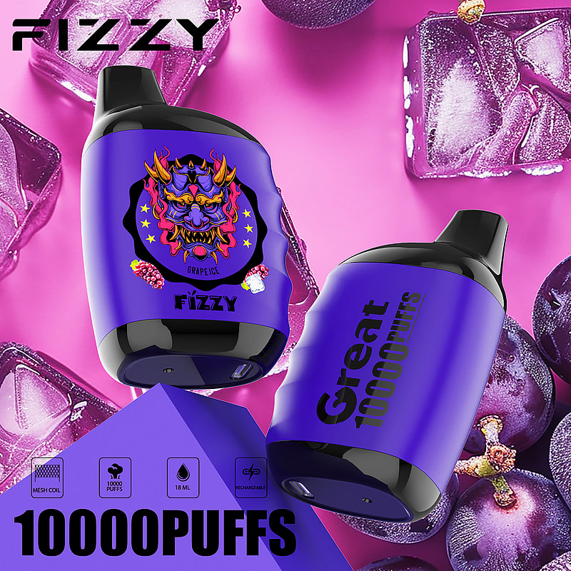 Fizzy Grape Ice disposable vape, compact design with mesh coil for intense flavor, sleek purple exterior, and grape illustration, perfect for on-the-go vaping enthusiasts.