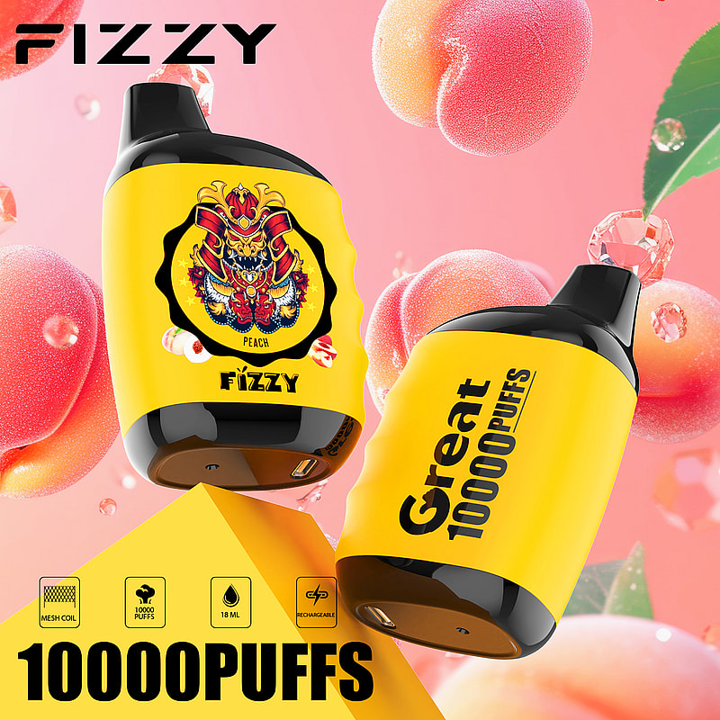 Fizzy Great Compact Mesh Coil Disposable Vape in Peach flavor, showcasing a sleek design with vibrant peach-colored branding and a modern, ergonomic mouthpiece, ideal for portable vaping.
