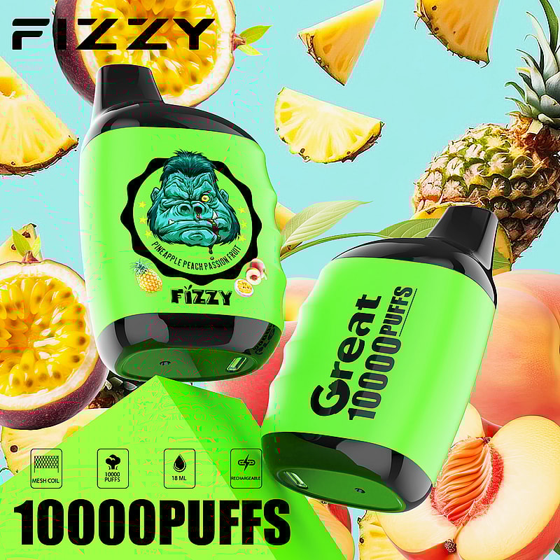 Fizzy Great Compact Mesh Coil Disposable Vape in Pineapple Peach Passion Fruit flavor, showcasing a sleek, colorful design with a focus on portability and a refreshing tropical experience.