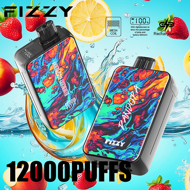 A colorful vape device labeled "Fizzy" with a design featuring a digital display, 12,000 puffs, mesh coil, and 650mAh rechargeable battery.