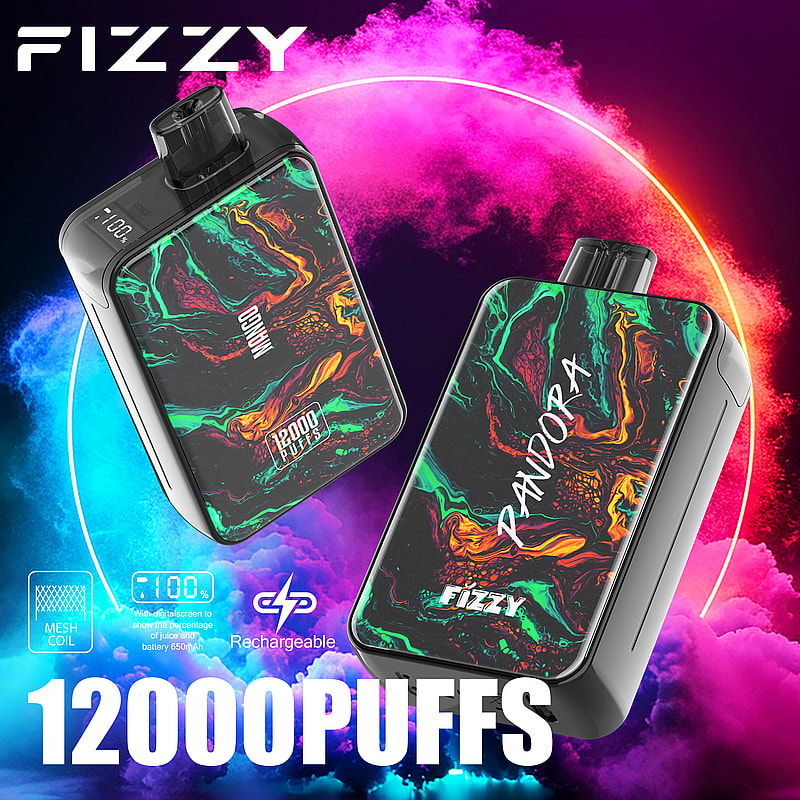 Fizzy Pandora vape device featuring a colorful abstract design, labeled with "12000 puffs" and "rechargeable" with a digital screen and mesh coil technology.