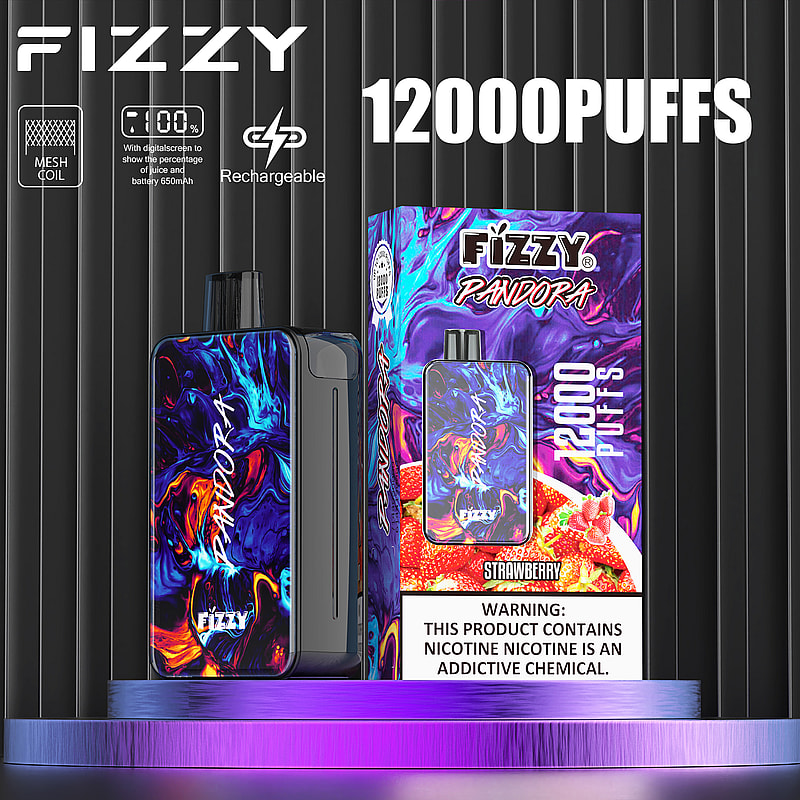 Fizzy Pandora vape device with a design of swirling blue, purple, and orange patterns, alongside its packaging that advertises "12000 puffs" and "strawberry" flavor, with a nicotine warning at the bottom.
