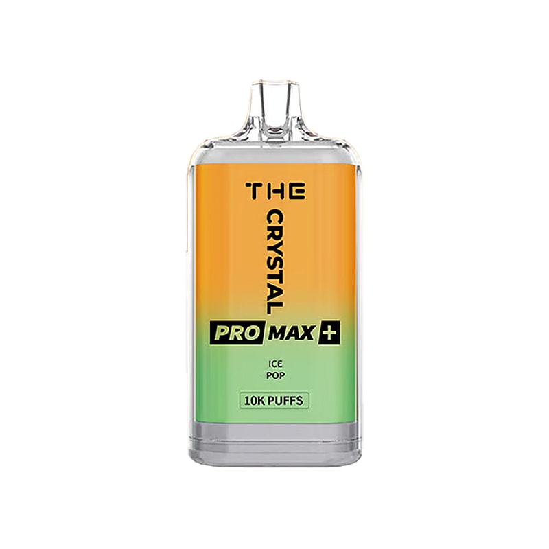 A transparent disposable vape device labeled "THE CRYSTAL PRO MAX+" with an orange-to-green gradient design, indicating "ICE POP" flavor and "10K PUFFS" at the bottom.
