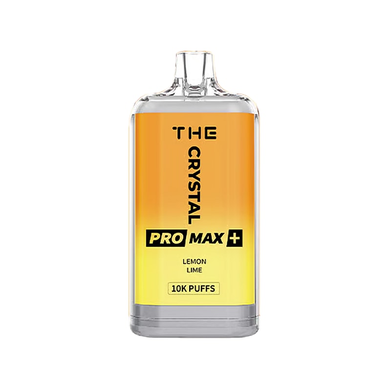Crystal Pro Max+ vape device with a transparent top and yellow-orange gradient body, labeled "Lemon Lime" and "10K puffs."