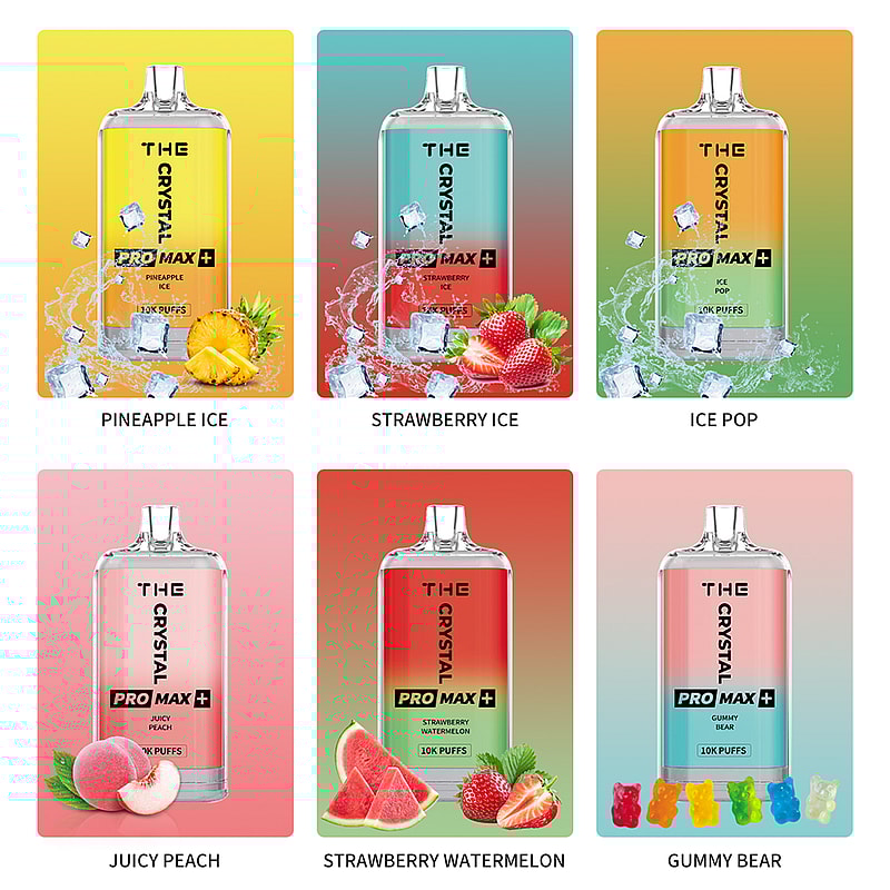 A selection of six disposable vape devices labeled "The Crystal Pro Max" with different flavors: Pineapple Ice, Strawberry Ice, Ice Pop, Juicy Peach, Strawberry Watermelon, and Gummy Bear. Each device is visually represented with corresponding fruit or candy and ice cubes.