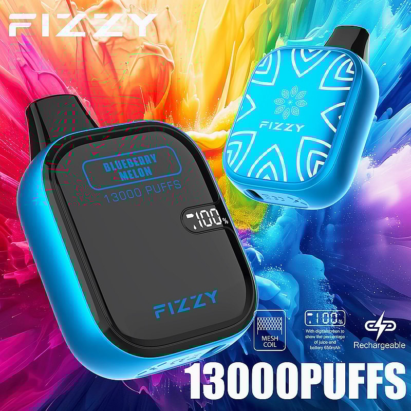 Two blue FIZZY disposable vape devices, labeled "Blueberry Melon" with 13,000 puffs, displayed against a colorful background.