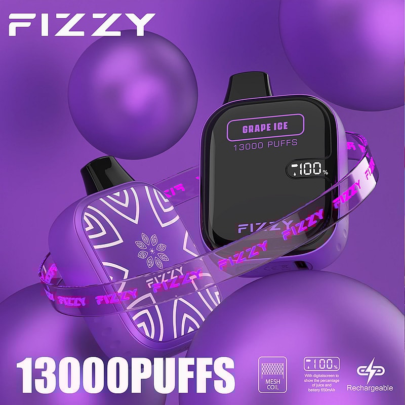 Purple-themed disposable vape labeled "Fizzy Grape Ice" with 13,000 puffs and a digital screen showing 100% battery.