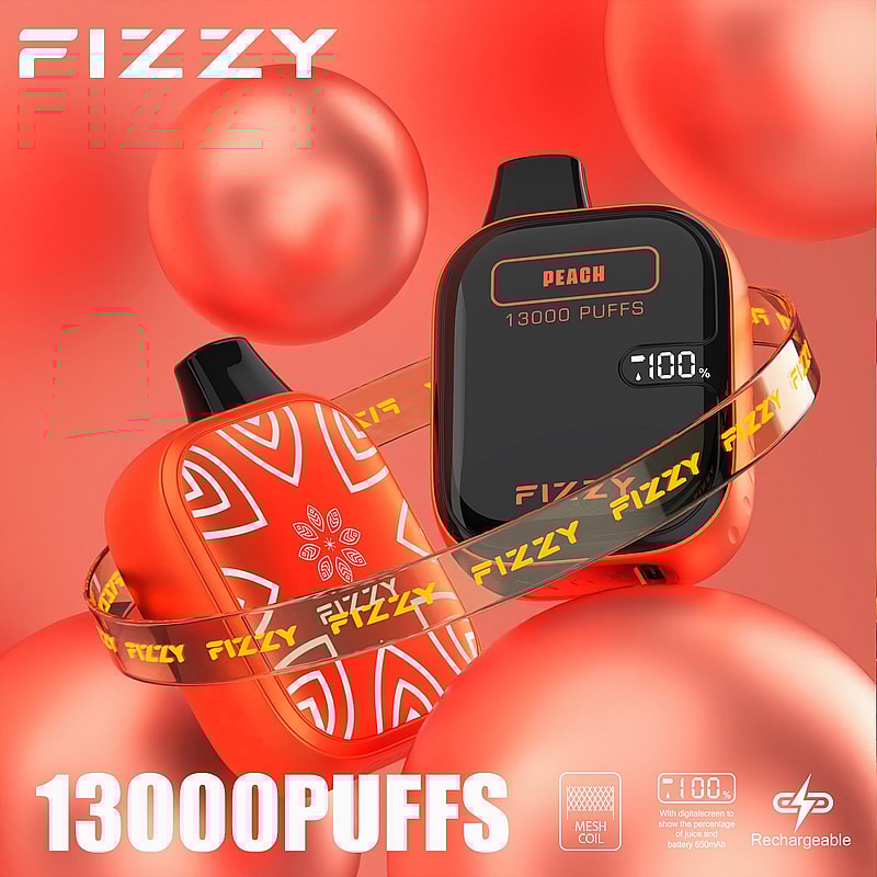 Fizzy brand vape device with 13,000 puffs, peach flavor, and 100% battery indicator displayed on screen, set against a red background.