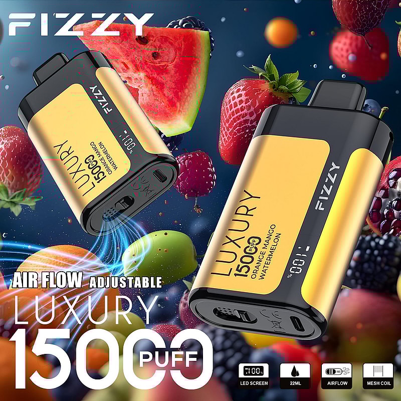 Fizzy Luxury Vape mit 15.000 Zügen, mit einstellbarem Luftstrom, LED-Bildschirm und Aromen wie Orange, Mango und Wassermelone, umgeben von Fruchtbildern.