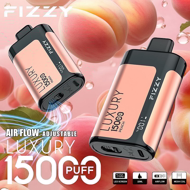 Fizzy Luxury 15000 puff disposable vape in einem Pfirsich-Geschmack, mit einem einstellbaren Luftstrom, LED-Bildschirm, und Mesh-Spule, mit einem Pfirsich-Thema Hintergrund.