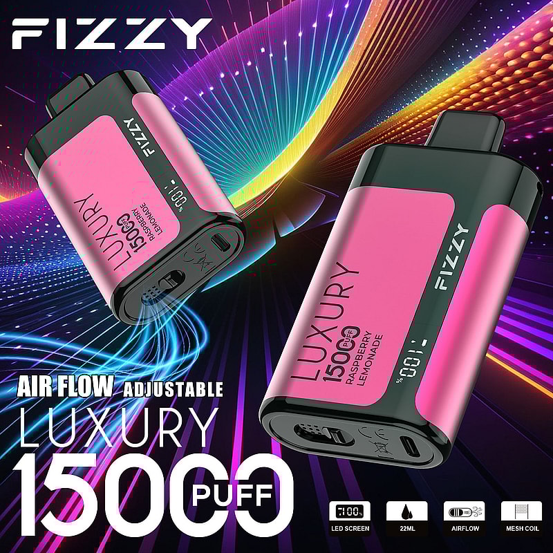 Fizzy Luxury 15000 Puff Einweg-Dampfgerät in rosa mit einstellbarer Luftstrom, LED-Bildschirm, und Himbeer-Limonade Geschmack, vor einem bunten, futuristischen Hintergrund angezeigt.