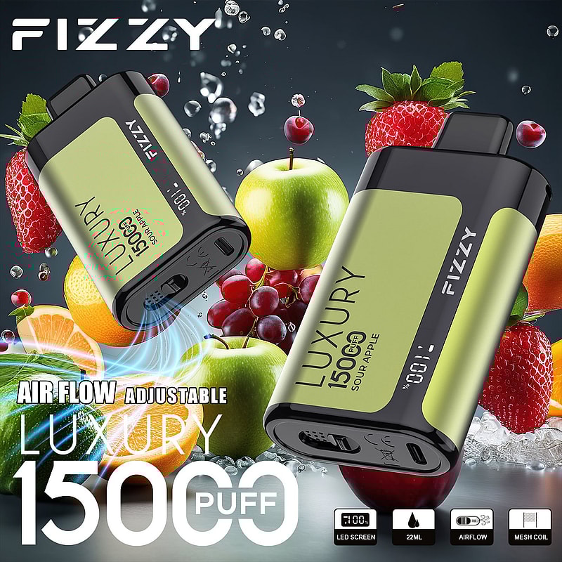 FIZZY Luxus-Einweg-Vaporizer mit einstellbarem Luftstrom, 15000 Puffs, saurem Apfelgeschmack und LED-Bildschirm, umgeben von frischen Früchten wie Äpfeln, Orangen und Trauben.