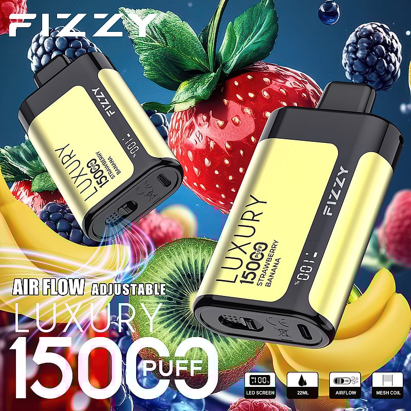 Ein gelbes und schwarzes Gerät mit der Aufschrift "Fizzy Luxury 15000 Puff" mit Erdbeeren, Bananen und anderen Früchten im Hintergrund, das den einstellbaren Luftstrom und die Kapazität von 22 ml hervorhebt.