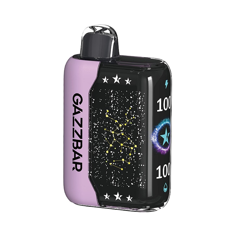 A compact vape device with a black and purple body, featuring a starry design and constellation pattern on the front, labeled "GAZZBAR."