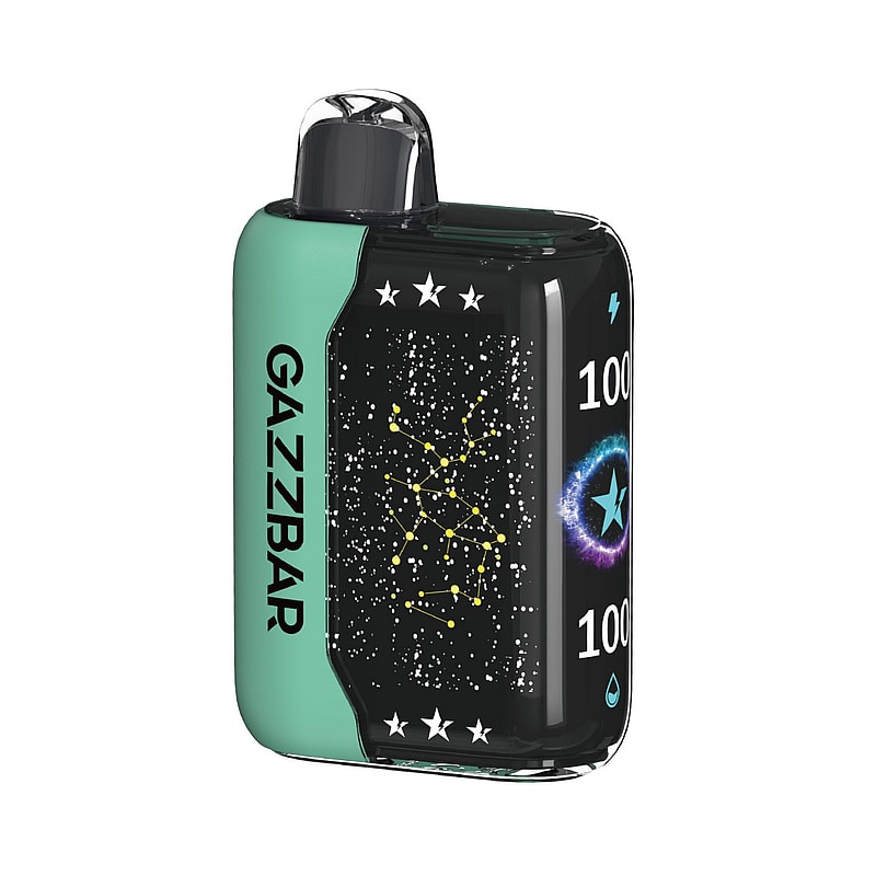 A sleek, compact vape device with a green side panel, star patterns, and constellation graphics on the front display.