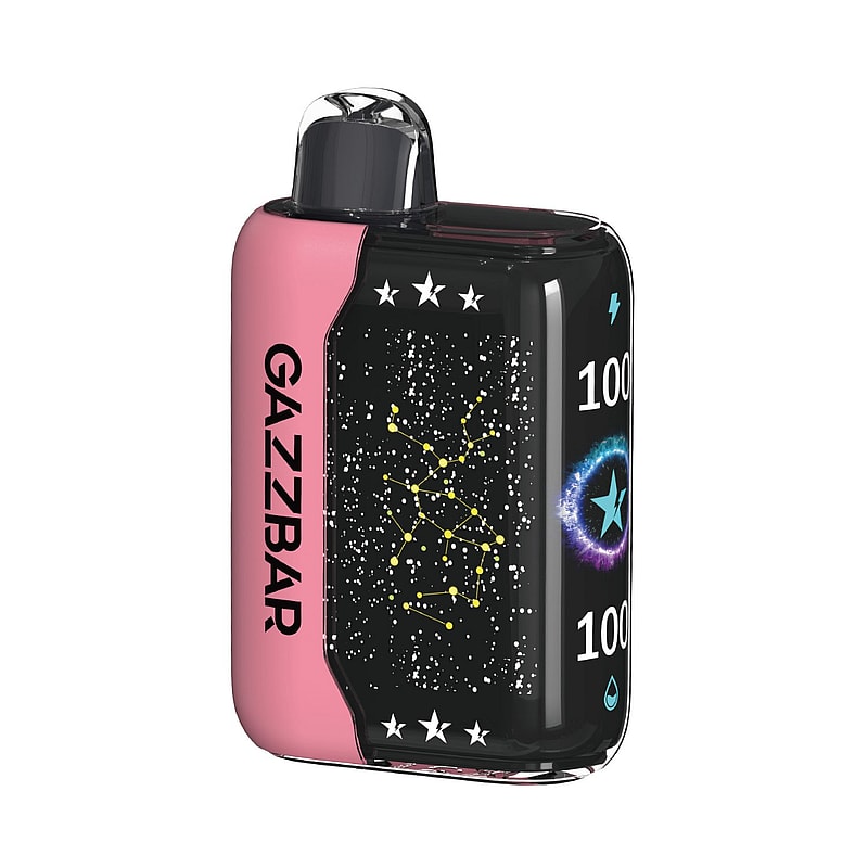 A pink and black rectangular vape device with the brand name "GAZZBAR" on the side, featuring star constellations, white stars, and a 100% charge symbol.