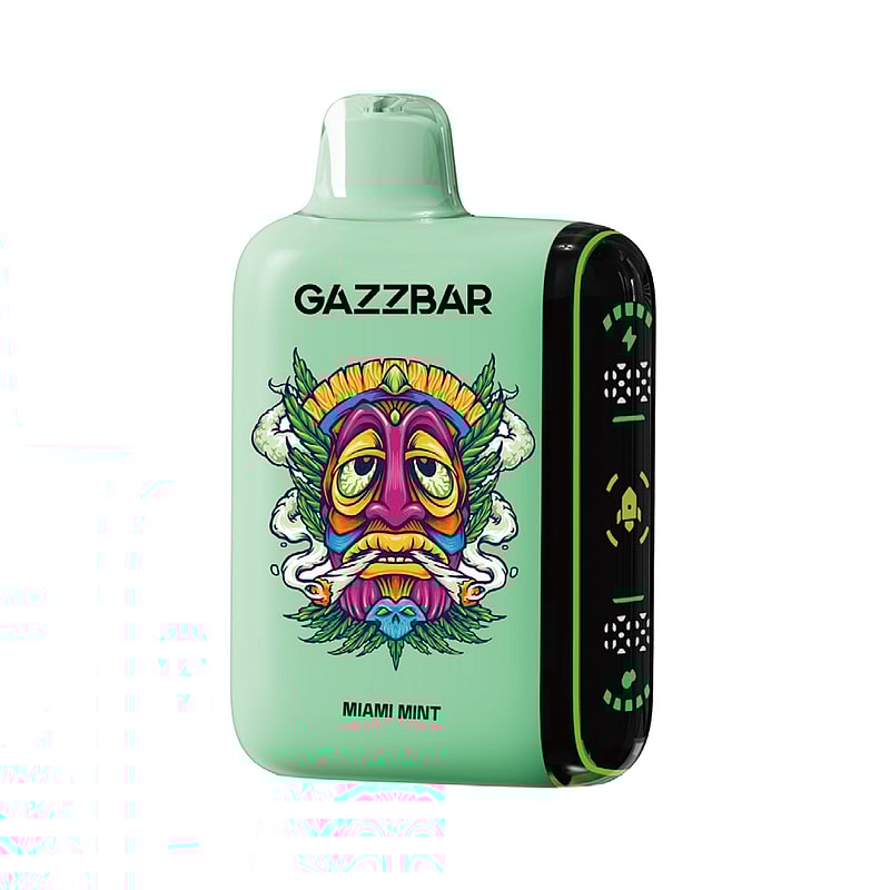 Un dispositivo per svapare GAZZBAR verde con un colorato disegno tribale raffigurante un volto sulla parte anteriore e la scritta "MIAMI MINT" nella parte inferiore.