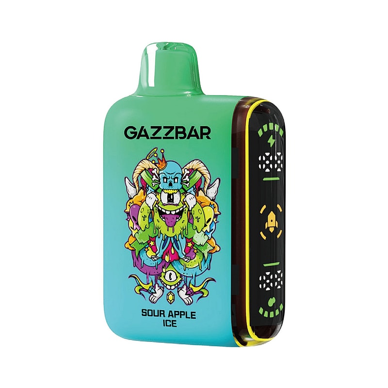 Un dispositivo per svapare Gazzbar verde con la grafica di un mostro colorato sulla parte anteriore e la scritta "Sour Apple Ice". Il pannello laterale mostra delle icone e uno schermo di visualizzazione.