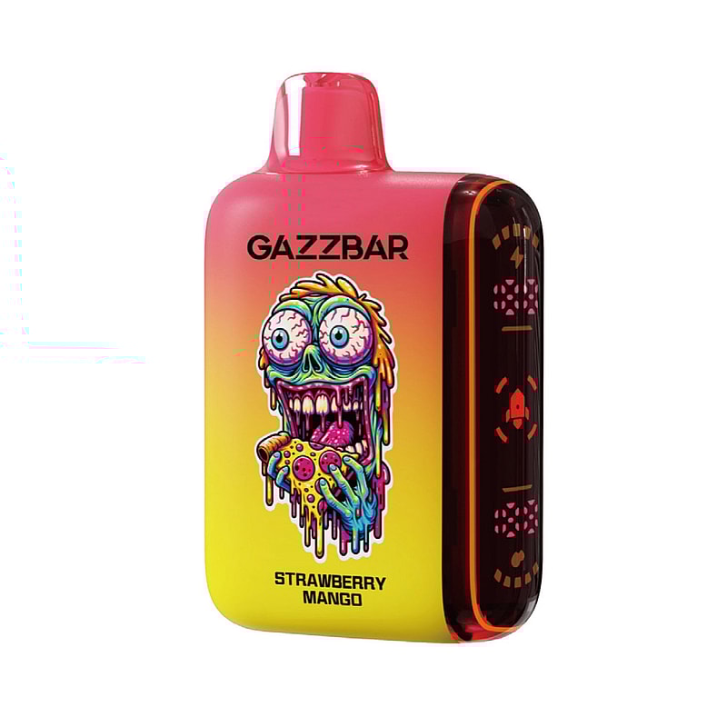 Un dispositivo per lo svapo colorato con marchio "GAZZBAR", raffigurante un personaggio cartoonesco simile a uno zombie sulla parte anteriore e la scritta "Strawberry Mango".