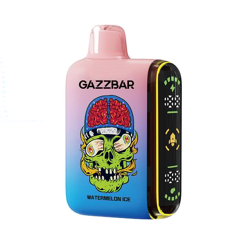 Un dispositivo per svapare Gazzbar rosa e blu con l'immagine di un teschio di zombie verde con il cervello esposto sulla parte anteriore e la scritta "GAZZBAR WATERMELON ICE".