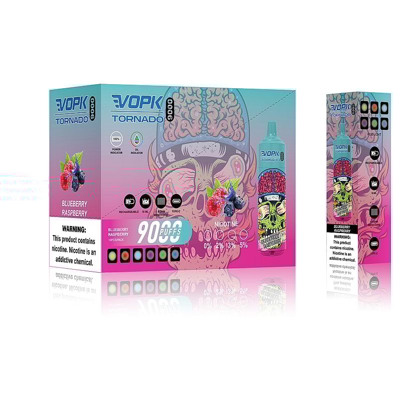 Emballage de vape jetable VOPK Tornado 9000 présentant un motif de crâne coloré avec des images de myrtille et de framboise, étiqueté saveur « Myrtille Framboise », offrant des options de nicotine 0%, 2%, 3% et 5% et 9000 bouffées.