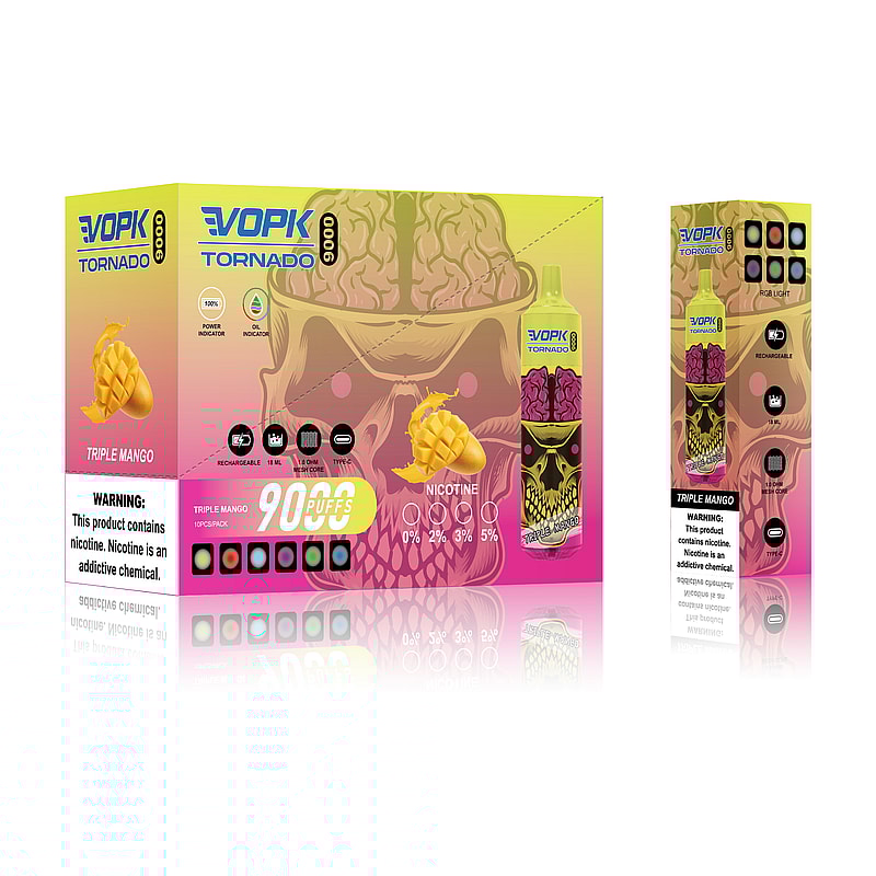 Emballage d'une vape jetable VOPK Tornado 9000 au goût « Triple Mango », montrant le design du produit avec un crâne, des images de mangue et des options de nicotine de 0% à 5%, ainsi que des avertissements concernant la dépendance à la nicotine.