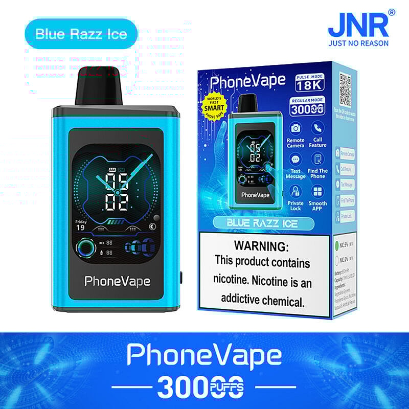 „PhoneVape Blue Razz Ice Vape-Gerät mit 3000 Zügen, mit digitaler Anzeige und Funktionen wie Fernkamera, Anruffunktion und Textnachrichten.“