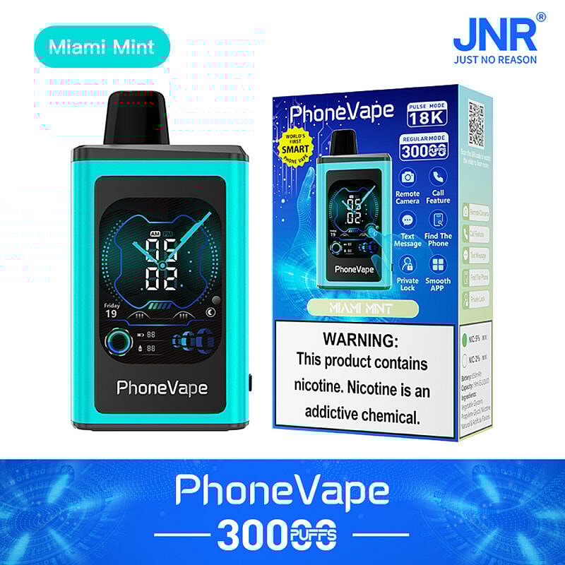 PhoneVape Miami Mint Einweg-Dampfgerät mit 3000 Zügen, digitaler Uhranzeige und intelligenten Funktionen wie Fernkamera, Anruffunktion, Textnachrichten und Telefonsuche. Die Box enthält eine Nikotinwarnung.