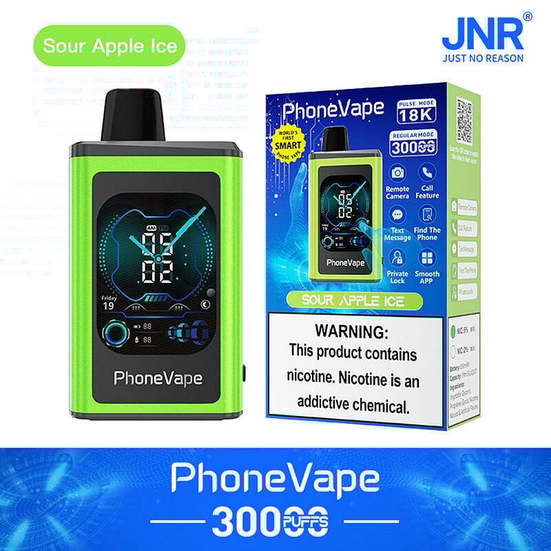PhoneVape-Gerät und -Verpackung im Geschmack Sour Apple Ice mit Digitalanzeige mit Uhr und Symbolen für intelligente Funktionen wie Fernkamera, Textnachrichten und Telefonsuche. Auf der Verpackung befindet sich ein Warnhinweis zur Nikotinsucht.