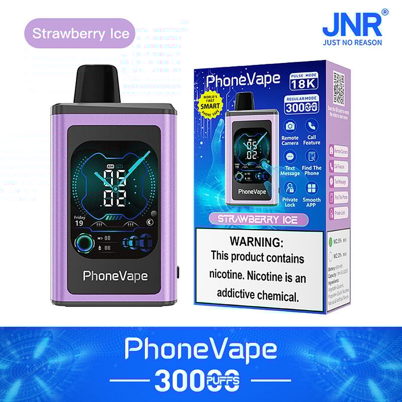 „PhoneVape Strawberry Ice 3000 Züge mit intelligenten Funktionen einschließlich Fernkamera, Anruffunktion, SMS-Funktion und Telefonfinder. Verpackung warnt vor Nikotingehalt.“
