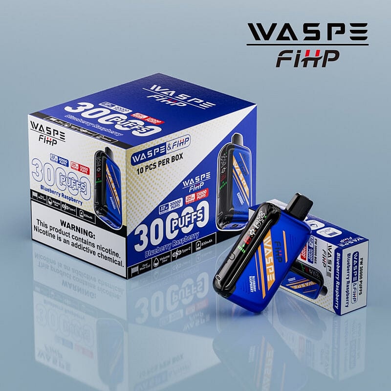 Una caja y un dispositivo de vapeo de WASPE FiiHP sabor Blueberry Raspberry, con 30.000 caladas y 12 ml de capacidad de líquido con una etiqueta de advertencia de nicotina en el envase.