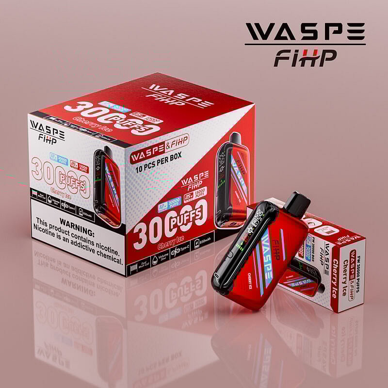 Embalaje y foto de producto del vape desechable WASPE & FIHP Cherry Ice con 30 caladas, mostrando la caja y el dispositivo en rojo con la marca y advertencias sobre el contenido de nicotina.
