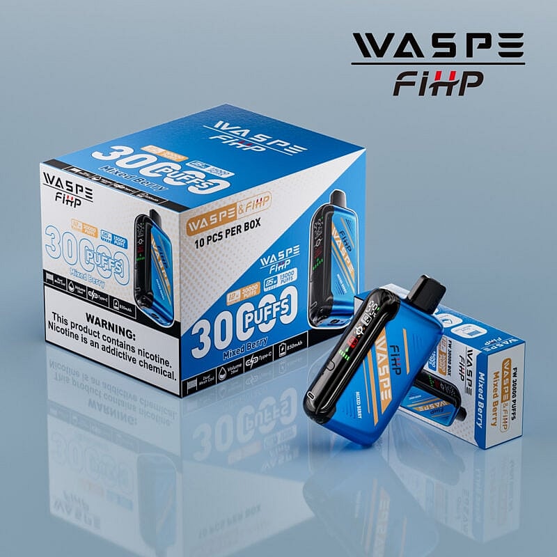 Imagen del envase y del dispositivo Wasp FiHP, con el sabor "30 Puffs Mixed Berry" y una advertencia sobre la nicotina.