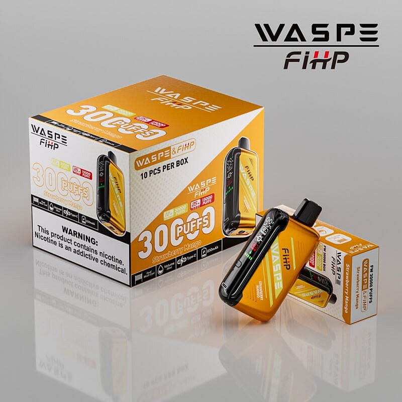 Una caja y dos dispositivos de vapeo desechables etiquetados como "WASPE & FiHP" con sabor a fresa y mango, 30 caladas y una advertencia sobre la nicotina.