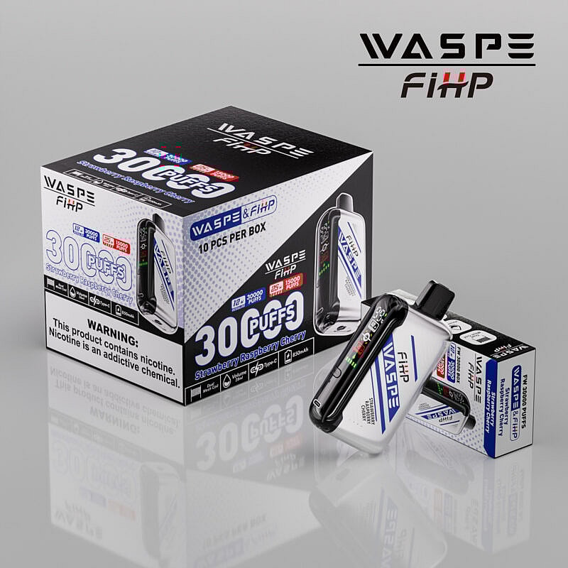 Envase para los dispositivos de vapeo WASPE FiHP, con una caja de 10 paquetes etiquetada como "30 Puffs" en sabor Fresa Frambuesa Cereza, con advertencia de nicotina y detalles del producto.