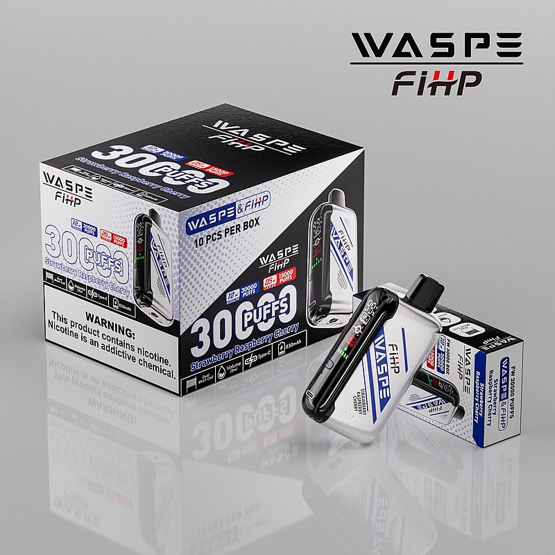 Packaging for WASPE FiHP vape devices, featuring a 10-pack box labeled "30 Puffs" in Strawberry Raspberry Cherry flavor, with nicotine warning and product details.